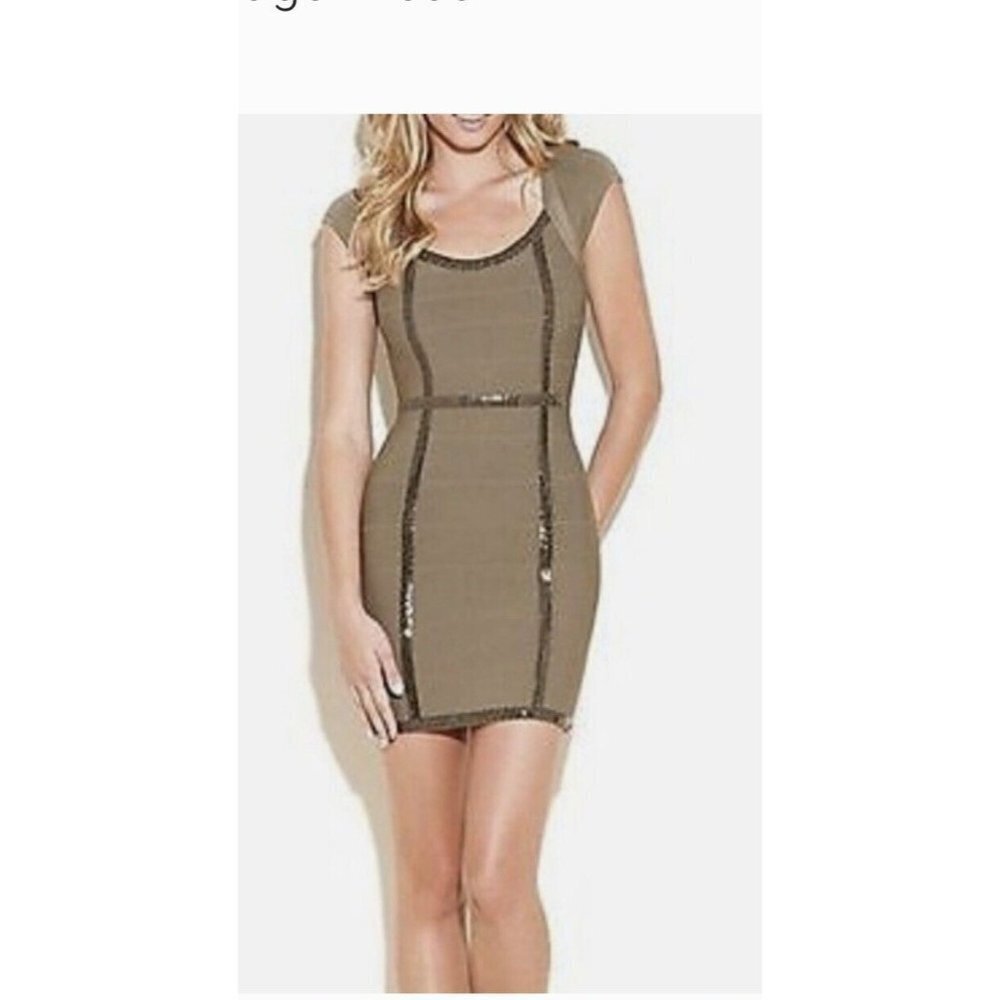 Guess Taupe Bodycon Bandage Mini Dress Sequin Detail Size M NEW Cocktail Party